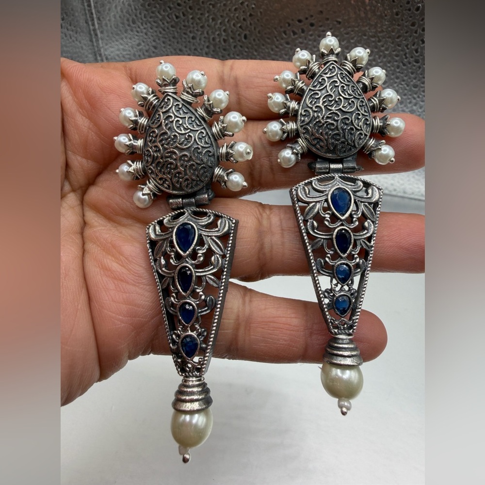 Gunmetal and Blue Dangle Earrings